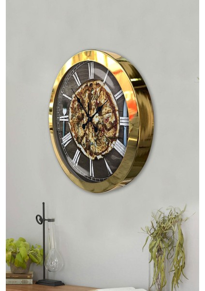 Hediyelik 36 cm Gold Metal Pizza Duvar Saati modelleri