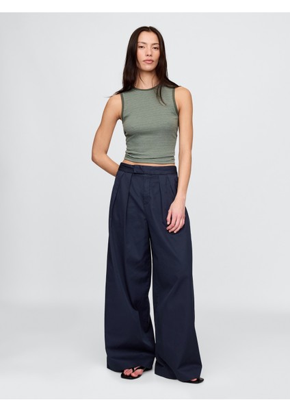 Kadın Lacivert High Rise Twill Pleated Wide-Leg Khaki Pantolon