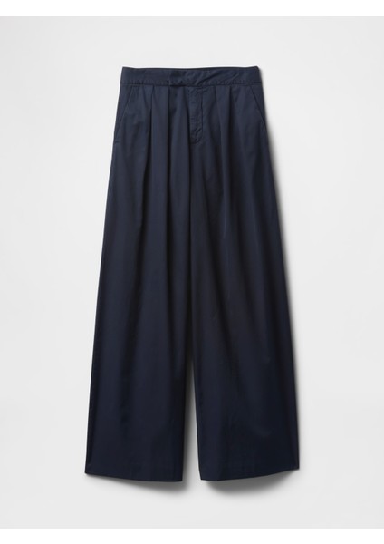 Kadın Lacivert High Rise Twill Pleated Wide-Leg Khaki Pantolon fiyatları