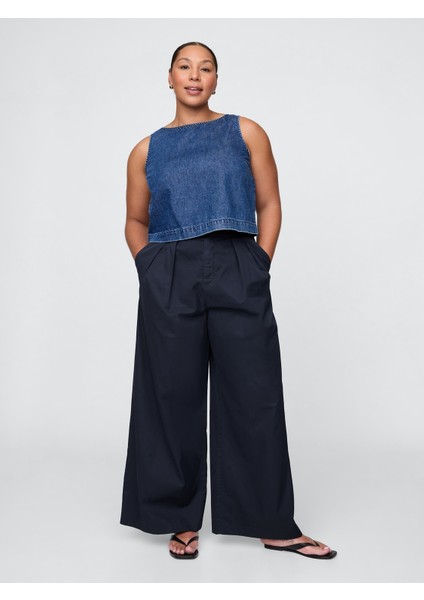 Kadın Lacivert High Rise Twill Pleated Wide-Leg Khaki Pantolon fırsatları