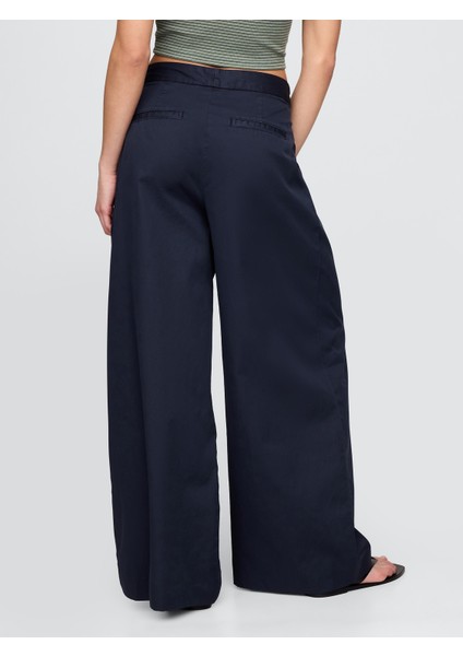 Kadın Lacivert High Rise Twill Pleated Wide-Leg Khaki Pantolon indirimleri