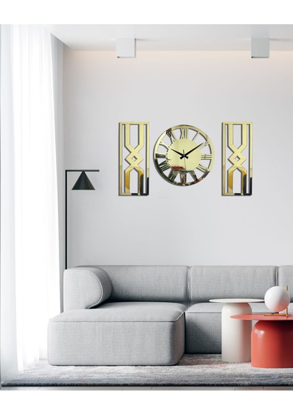 3'lü Kum Saati Dekoratif Duvar Saati Tablo Saat (Altın)