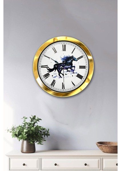 Hediyelik 36 cm Gold Metal Atlı Duvar Saati