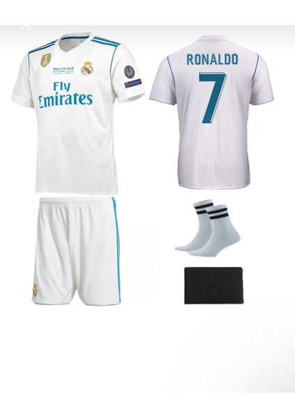 Real Madrid C.ronaldo 2017-18 Kıev Beyaz Sampionlar Lg Çocuk Futbol Forması 4lü Set Forma+Şort+Çorp+Bilrklik