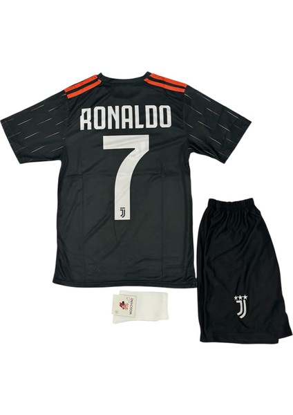 Juventus C.ronaldo 2019-20 Siyah Yıldızlı Sampionlar Lg Çocuk Futbol Forması 4lü Set Forma+Şort+Çorp+Bilrklik
