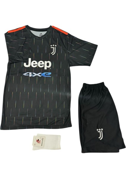 Juventus C.ronaldo 2019-20 Siyah Yıldızlı Sampionlar Lg Çocuk Futbol Forması 4lü Set Forma+Şort+Çorp+Bilrklik