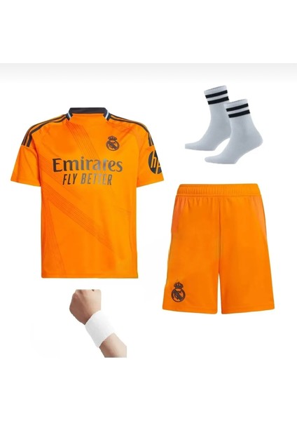 Real Madrid Valverde Deplasman Turuncu Sampionlar Lg Çocuk Futbol Forması 4lü Set Forma+Şort+Çorp+Bilrklik