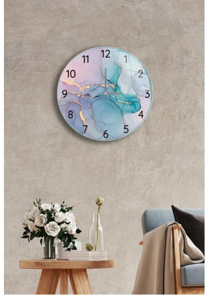 Çap 37 cm Pembe Mavi Dekoratif Cam Saat