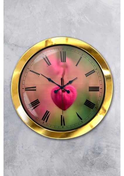 Hediyelik 36 cm Gold Metal Kalp Duvar Saati