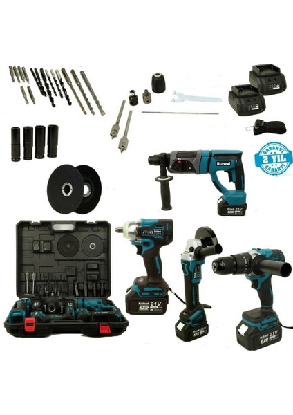 Pro Akülü El Aletleri Seti 21V 4 Amper - Şarjlı Hilti - Şarjlı Avuç Taşlama - Şarjlı Vidalama - Şarjlı Somun Sıkma