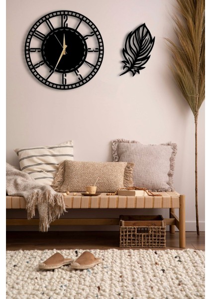 Dekoratif Siyah Duvar Saati 50CM + Yapraklı Tablo