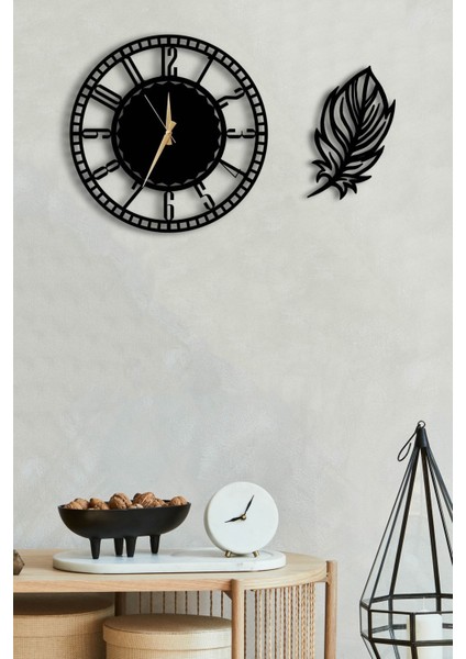 Dekoratif Siyah Duvar Saati 50CM + Yapraklı Tablo fiyatları