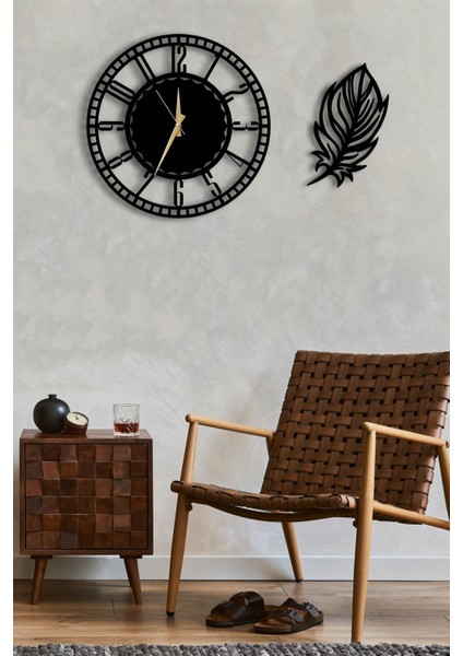 Dekoratif Siyah Duvar Saati 50CM + Yapraklı Tablo modelleri
