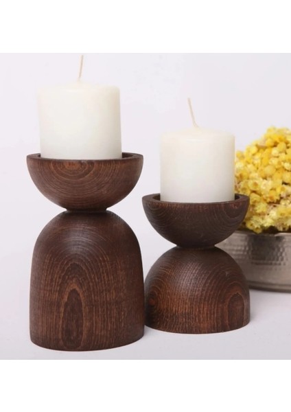 2'li Ahşap Konik Şamdan Mumluk Dekoratif ( Ceviz Renk) 3301000000193