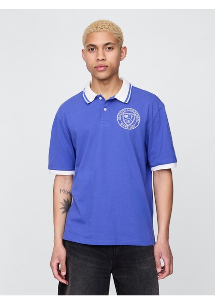 Erkek Mavi Athletic Gap Logo Pique Polo T-Shirt