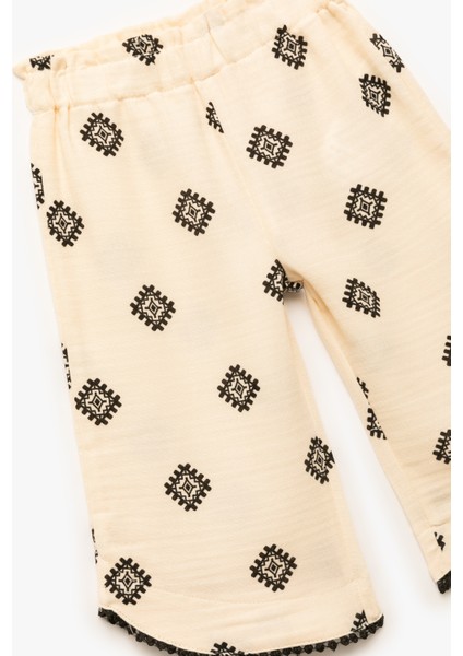 Beli Lastikli Pamuklu Desenli Bol Paça Pantolon