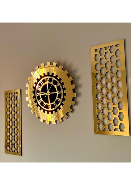 Dekoratif Duvar Saati 100 x 60 cm Gold 3 Lü Set 50 cm Türk Rakamlı Saat, 25X60 cm 2 Ad. Petek Tablo