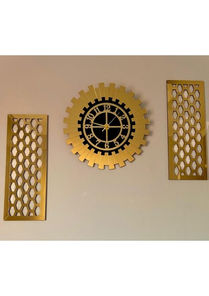 Dekoratif Duvar Saati 100 x 60 cm Gold 3 Lü Set 50 cm Türk Rakamlı Saat, 25X60 cm 2 Ad. Petek Tablo indirimleri