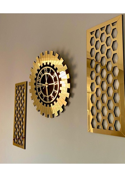 Dekoratif Duvar Saati 100 x 60 cm Gold 3 Lü Set 50 cm Türk Rakamlı Saat, 25X60 cm 2 Ad. Petek Tablo