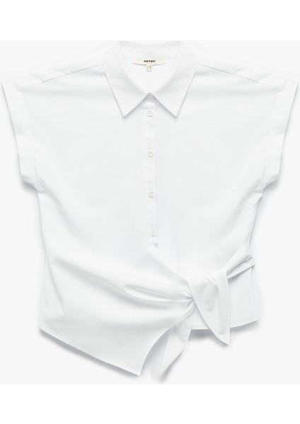 Pamuklu Kısa Kap Kollu Asimetrik Kesim Önden Bağlama Detaylı Gömlek