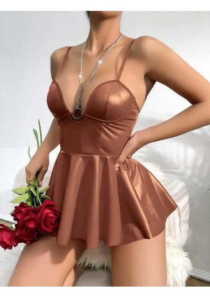 Kahverengi Parlak Lame Fantezideri Elbise