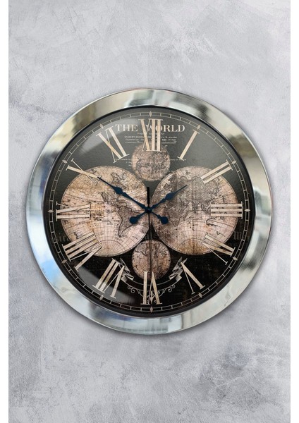 Hediyelik 36 cm Krom Metal Dünya Haritası Duvar Saati