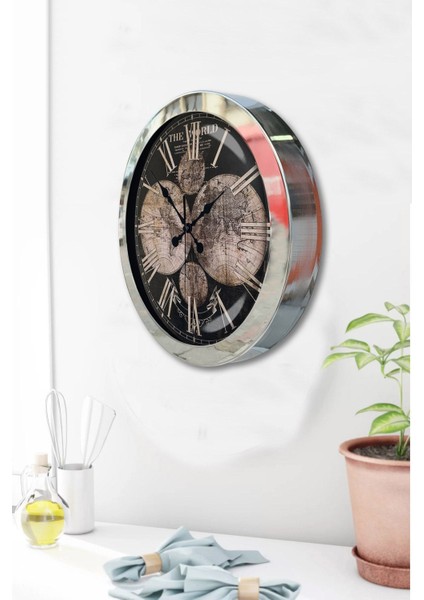 Hediyelik 36 cm Krom Metal Dünya Haritası Duvar Saati modelleri