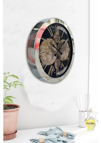 Hediyelik 36 cm Krom Metal Dünya Haritası Duvar Saati fırsatları