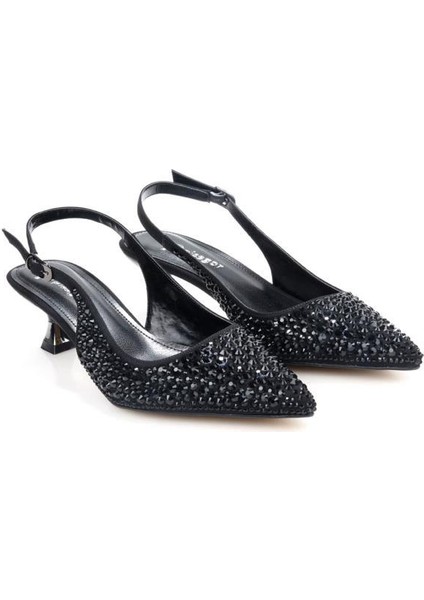 PS-31990 4,5 cm Topuklu Kadın Taşlı Arkası Açık Stiletto Abiye Ayakkabı