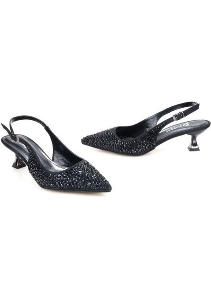 PS-31990 4,5 cm Topuklu Kadın Taşlı Arkası Açık Stiletto Abiye Ayakkabı