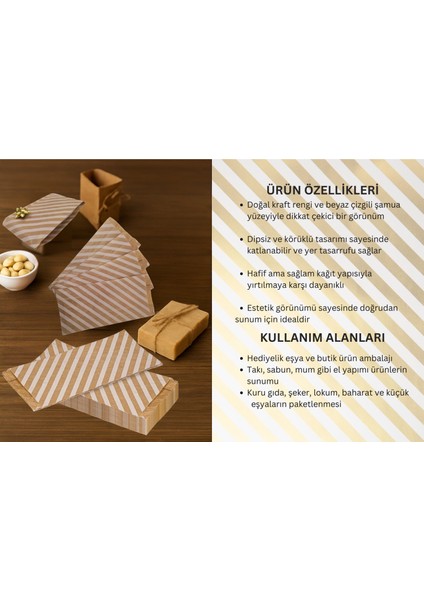 Körüklü Kraft Kese Kağıdı, Beyaz Verev Desenli Şamua Hediye, Ambalaj Poşeti, 15X33 Cm, 250 Adet
