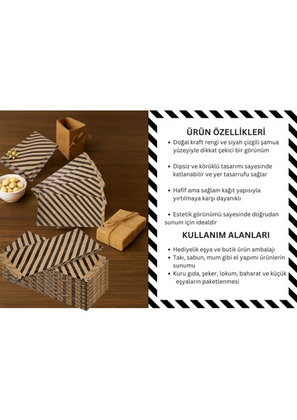 Körüklü Kraft Kese Kağıdı, Siyah Verev Desenli Şamua Hediye, Ambalaj Poşeti, 15X33 Cm, 250 Adet