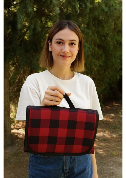 Kendinden Çantalı Kırmızı Siyah Ekose Piknik Örtüsü 150X150 cm Taşınabilir Cırtlı Piknik Matı, Taşıma Kordonlu, Ince Katlanabilir Örtü fiyatları