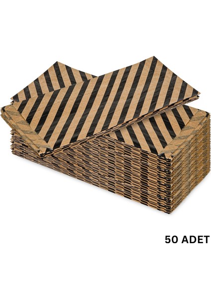Körüklü Kraft Kese Kağıdı, Siyah Verev Desenli Şamua Hediye, Ambalaj Poşeti, 15X33 Cm, 50 Adet