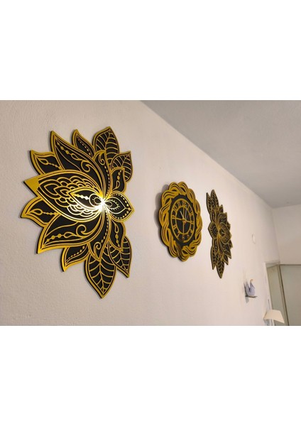 Lotus Mandala Tablolar 40*60 ve 40 cm Burgu Gold Pleksi Duvar Saati