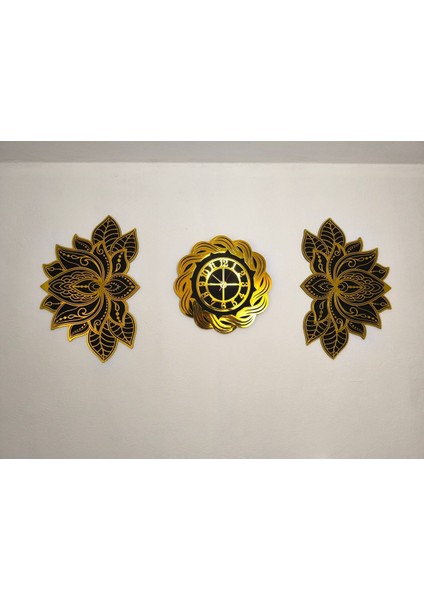 Lotus Mandala Tablolar 40*60 ve 40 cm Burgu Gold Pleksi Duvar Saati