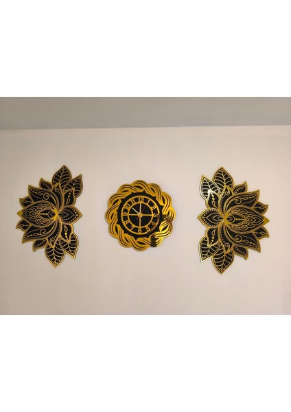 Lotus Mandala Tablolar 40*60 ve 40 cm Burgu Gold Pleksi Duvar Saati