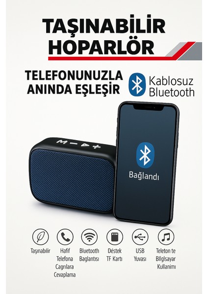 Taşınabilir Kablosuz Bluetooth Hoparlör– USB & Tf Kart Destekli – Yüksek Ses Kalitesi
