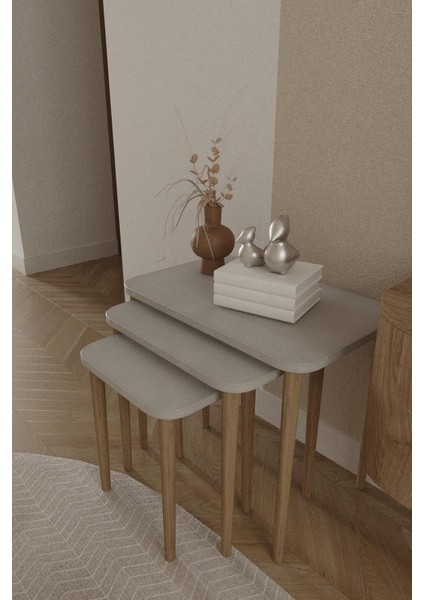 Dikdörtgen Zigon Sehpa 3'lü Set – Ahşap Ayaklı Modern Tasarım