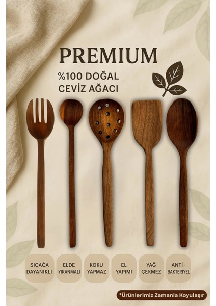 5'li %100 Doğal Ceviz Ağacı Mutfak Seti | 30 cm Kaşık Çatal Spatula Kevgir El Yapımı