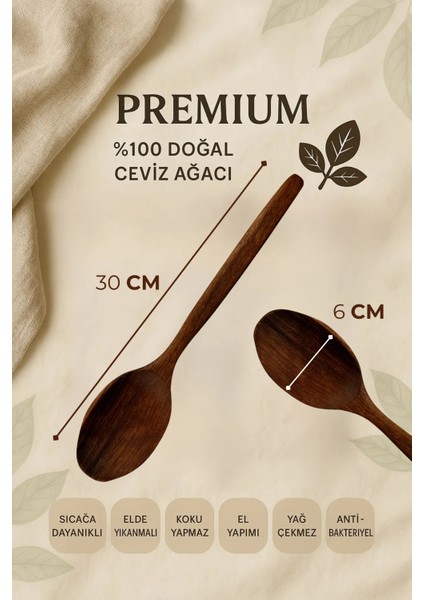 5'li %100 Doğal Ceviz Ağacı Mutfak Seti | 30 cm Kaşık Çatal Spatula Kevgir El Yapımı fiyatları