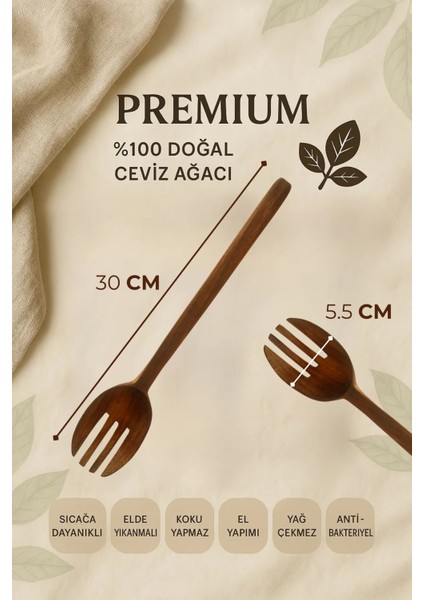 5'li %100 Doğal Ceviz Ağacı Mutfak Seti | 30 cm Kaşık Çatal Spatula Kevgir El Yapımı