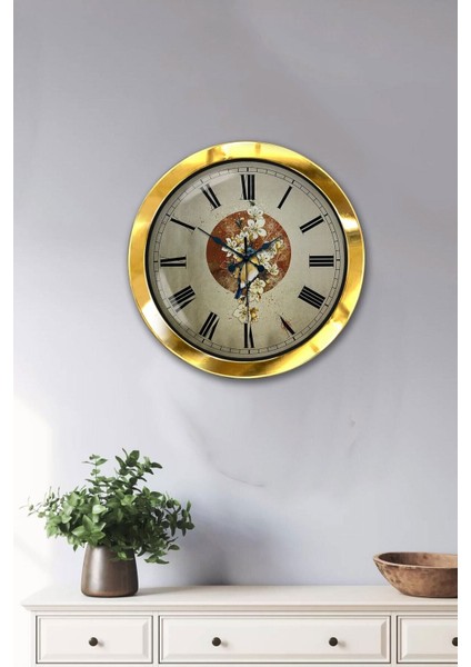 Hediyelik 36 cm Gold Metal Çiçekli Duvar Saati