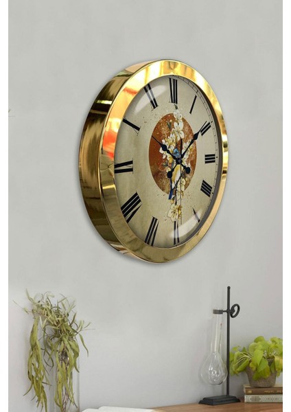Hediyelik 36 cm Gold Metal Çiçekli Duvar Saati modelleri