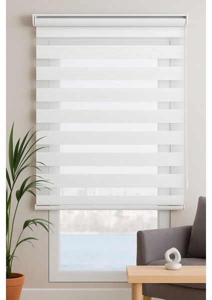 Ekru Beyaz Geniş Plise Eteği Düz Stor Zebra Güneşlik Perde Alüminyum Kasa, Metal Ayak