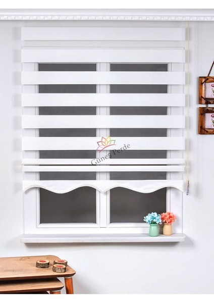 Beyaz Bambu Zebra Stor Güneşlik Perde Etek Dilimli(Alüminmyumkasa)