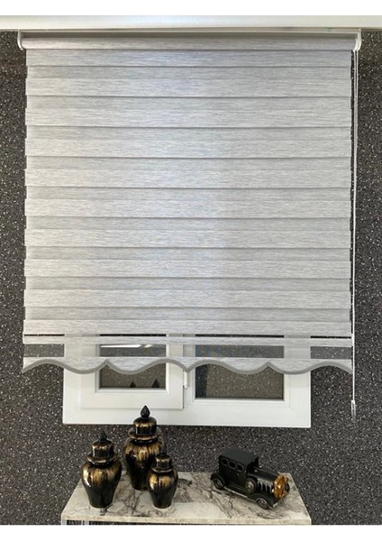 Ithal Gri Zebra Stor Perde Etek Dilimli Krem (Alüminyum Kasa+Etek Dilimi Hediye modelleri