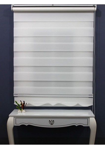 Zebra Stor Perde Geniş Pliseli Ekru Beyaz Renk Modern Tasarım 190 x 270 cm