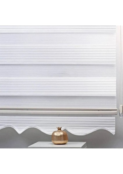 Geniş Pliseli Etek Dilimli Ekru Beyaz Zebra Stor Güneşlik Perde