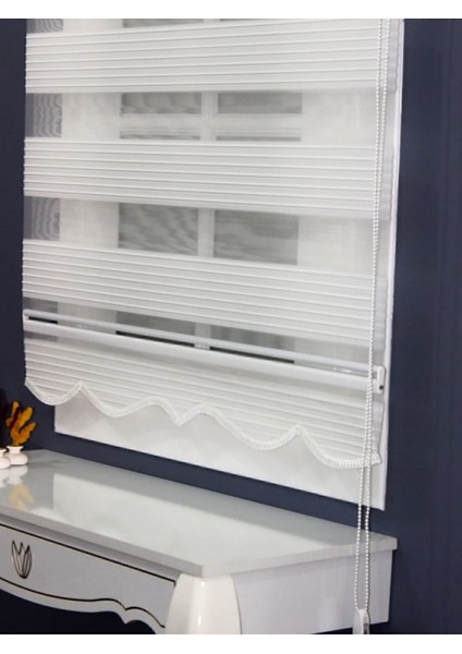 Geniş Pliseli Etek Dilimli Ekru Beyaz Zebra Stor Güneşlik Perde